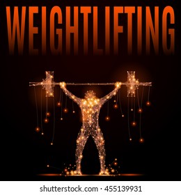 Weightlifter raises the bar over your head in motion. Jolt or jerk weightlifting projectile. Element circuit training. Abstract silhouette of glowing lines and points. Vector illustration on black