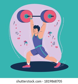 THE WEIGHTLIFTER RAISES THE BAR. VECTOR ILLUSTRATION IN THE STYLE OF FLAT, POSTER, BANNER, CARD