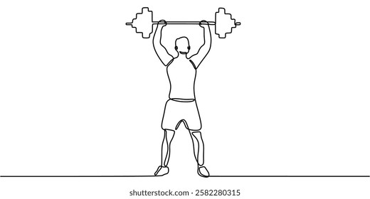 Weightlifter raising a barbell in continuous line drawing. Minimalist depiction of physical strength, endurance, and weight training. Vector illustration hand drawn.