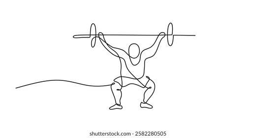 Weightlifter raising a barbell in continuous line drawing. Depiction of strength, endurance, and intense training. Vector illustration hand drawn.