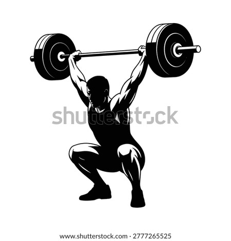 Weightlifter silhouette lifting barbell overhead on white background