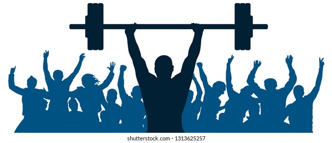 Weightlifter sport silhouette. Crowd of fans joy of victory. Weightlifting strongman. Vector illustration