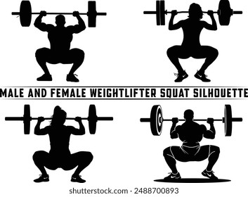 Weightlifter squat silhouette, powerlifter exercise, weight lifting muscle man or bodybuilder weightlifting weights in silhouette.