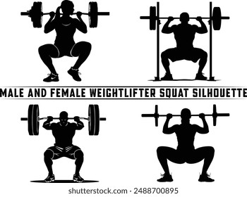 Weightlifter squat silhouette, powerlifter exercise, weight lifting muscle man or bodybuilder weightlifting weights in silhouette.