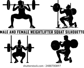 Weightlifter squat silhouette, powerlifter exercise, weight lifting muscle man or bodybuilder weightlifting weights in silhouette.