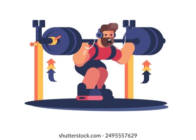 Levantador de pesas en cuclillas con barra. Ilustración vectorial de levantamiento de pesas de carácter masculino en el entorno del gimnasio.