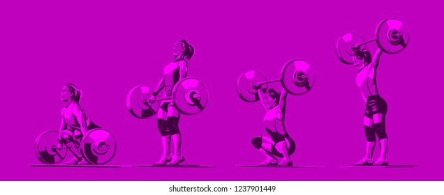 the weightlifter woman is doing lift up over weight barbell