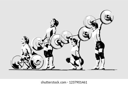 the weightlifter woman is doing lift up over weight barbell