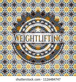 Weightlifting arabic style emblem. Arabesque decoration.