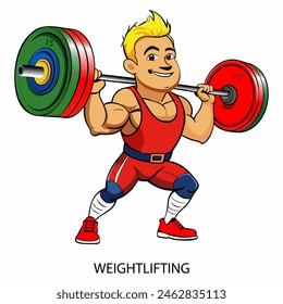 Weightlifting athlete isolated on white background in cartoon style. Summer Games 2024. Vector illustration.