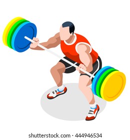 Weightlifting Athlete Sportsman 3D Flat isometric power lifting lifter barbell athletics. Sporting game Championship Competition. Athlete isolated on white Sport Infographic events Vector Image