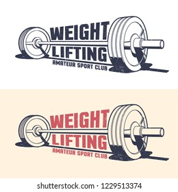 Weightlifting athleticism vintage emblem with barbell in stamp style. Grunge worn textures on separate layer