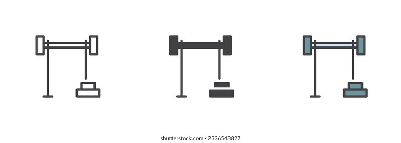 Weightlifting barbell different style icon set. Line, glyph and filled outline colorful version, outline and filled vector sign. Gym Fitness symbol, logo illustration. Vector graphics