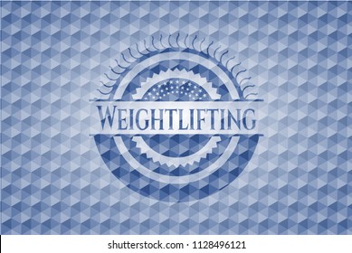 Weightlifting blue badge with geometric pattern.