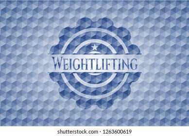 Weightlifting blue emblem with geometric pattern background.