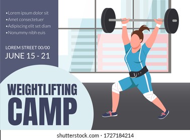 Weightlifting camp banner flat vector template. Bodybuilding, workout brochure, poster concept design with cartoon characters. Powerlifting competition horizontal flyer, leaflet with place for text