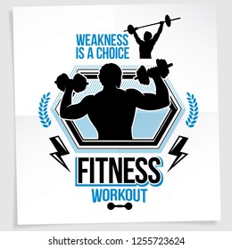 Weight-lifting championship promotion flyer created with vector illustration of athletic bodybuilder body silhouette holding fitness dumbbells sport equipment. Weakness is a choice lettering.