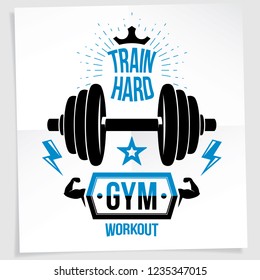 Weight-lifting championship vector promotion flyer created with disc weight dumbbell and royal crown. Train hard lettering.