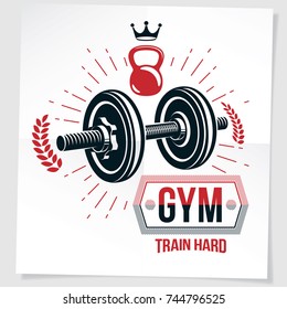 Weight-lifting championship vector promotion flyer created with disc weight dumbbell, kettle-bell sport equipment and royal crown. Train hard lettering.