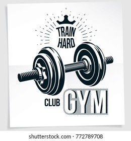 Weight-lifting championship vector promotion flyer created with disc weight dumbbell and royal crown. Train hard lettering.