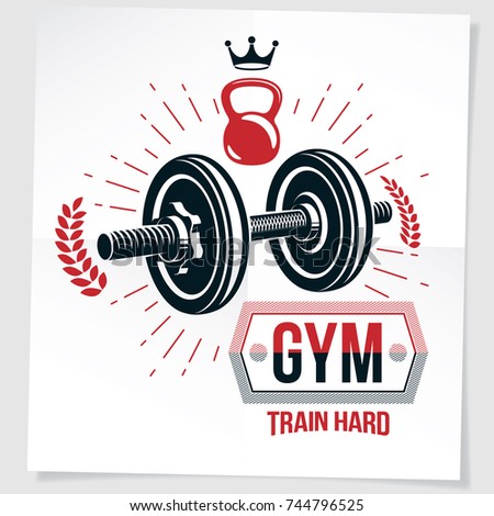 Weight-lifting championship vector promotion flyer created with disc weight dumbbell, kettle-bell sport equipment and royal crown. Train hard lettering.