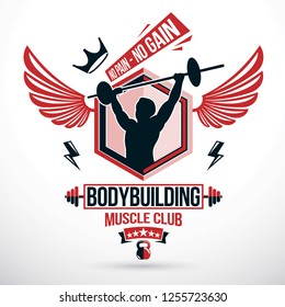 Weightlifting club conceptual emblem, vector sportsman athlete holds barbell.