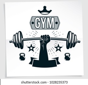 Weightlifting club promotion flyer. Strong muscular arm holds barbell, vector illustration. Adlı Stok Vektör