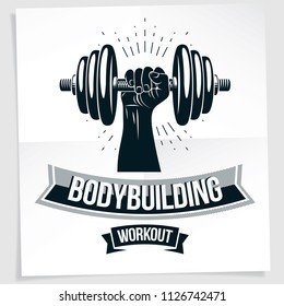 Weightlifting club promotion flyer. Strong muscular arm holds dumbbell, vector illustration.