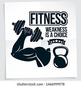 Weightlifting club promotion flyer. Vector composition created using athletic sportsman biceps arm with disc weight dumbbell and kettle bell sport equipment. Weakness is a choice lettering.