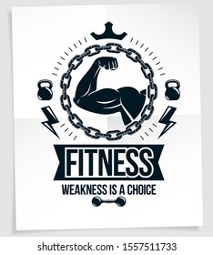 Weightlifting club promotion flyer. Vector composition created using athletic sportsman biceps arm with dumbbell and kettle bell sport equipment. Weakness is a choice lettering.