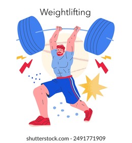 weightlifting concept. An athlete lifts a heavy barbell overhead, showcasing strength and determination. Dynamic composition, Olympic spirit. Vector illustration.