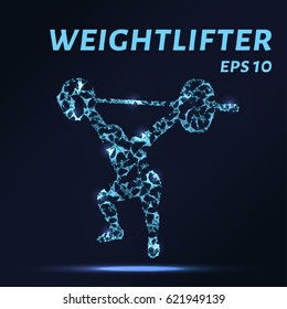 Weightlifting consists of points, lines and triangles. The polygon shape in the form of a silhouette weightlifter on a dark background Vector illustration