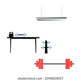 Weightlifting Equipment With Barbell, Dumbbells, Kettlebell, And Training Bench. Flat Vector Illustration About Strength Training, Gym Workouts, And Fitness, Isolated On White Background