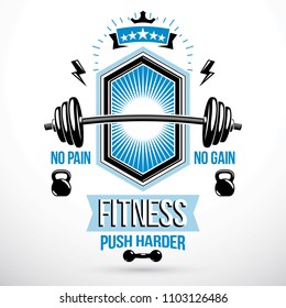 Weight-lifting exercise room vector symbol, barbell composed using kettle bell and dumbbell sport equipment.