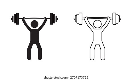 Weightlifting exercise workout barbell lifting sport gym fitness training strong person icon symbol sign silhouette vector illustration. Black and white isolated concept.
