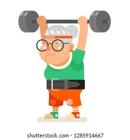 Weightlifting fitness healthy activities granny adult age old woman character cartoon flat design vector illustration
