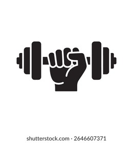 Weightlifting fitness icon with a hand lifting a dumbbell for a gym workout and strength training exercise for a healthy lifestyle vector solid glyph icon