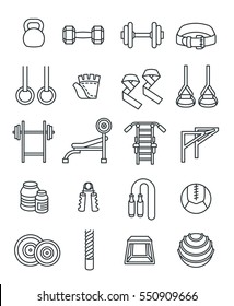 Weightlifting flat thin line vector icons set. Bodybuilding exercises equipment pictograms. Weight lifting training objects. Powerlifting gym workout elements. Healthy lifestyle and physical activity