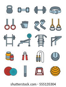 Weightlifting flat thin line vector icons set. Bodybuilding exercises equipment pictograms. Weight lifting training objects. Powerlifting gym workout elements. Healthy lifestyle and physical activity