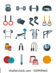 Weightlifting flat vector icons set. Bodybuilding exercises equipment pictograms. Weight lifting training objects. Powerlifting gym workout elements. Healthy lifestyle and physical activity symbols