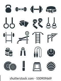 Weightlifting flat vector icons set. Bodybuilding exercises equipment pictograms. Weight lifting training objects. Powerlifting gym workout elements. Healthy lifestyle and physical activity symbols