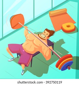 Weightlifting in a gym background with bench  barbell and man cartoon vector illustration 