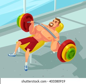Weightlifting in a gym. Vector flat cartoon illustration