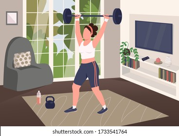 Weightlifting at home flat color vector illustration. Strong woman, amateur powerlifter working out 2D cartoon character with living room on background. HIIT, intense bodybuilding training