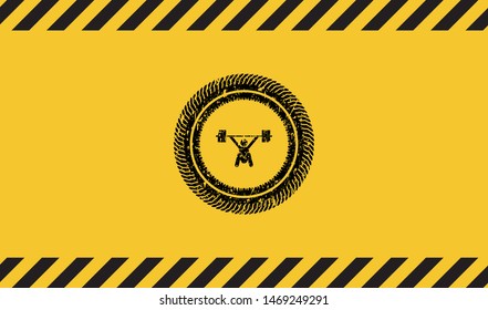 Weightlifting icon black grunge emblem inside yellow warning sign. Vector Illustration. Detailed.