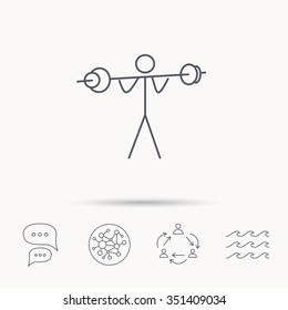 Weightlifting icon. Heavy fitness sign. Muscular workout symbol. Global connect network, ocean wave and chat dialog icons. Teamwork symbol.