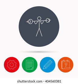 Weightlifting icon. Heavy fitness sign. Muscular workout symbol. Calendar, cogwheel, document file and pencil icons.