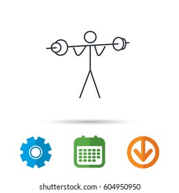 Weightlifting icon. Heavy fitness sign. Muscular workout symbol. Calendar, cogwheel and download arrow signs. Colored flat web icons. Vector