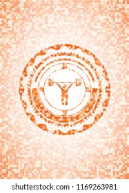 weightlifting icon inside abstract emblem, orange mosaic background
