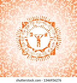 weightlifting icon inside abstract emblem, orange mosaic background